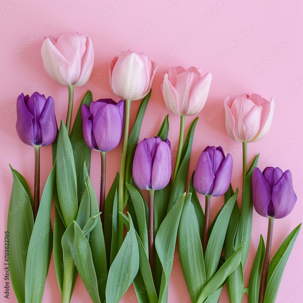 Pink and Purple Tulips on Pink Background, top view, ai technology