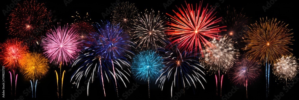 Firework explosions isolated on black background, Firework explosions isolated on black background,