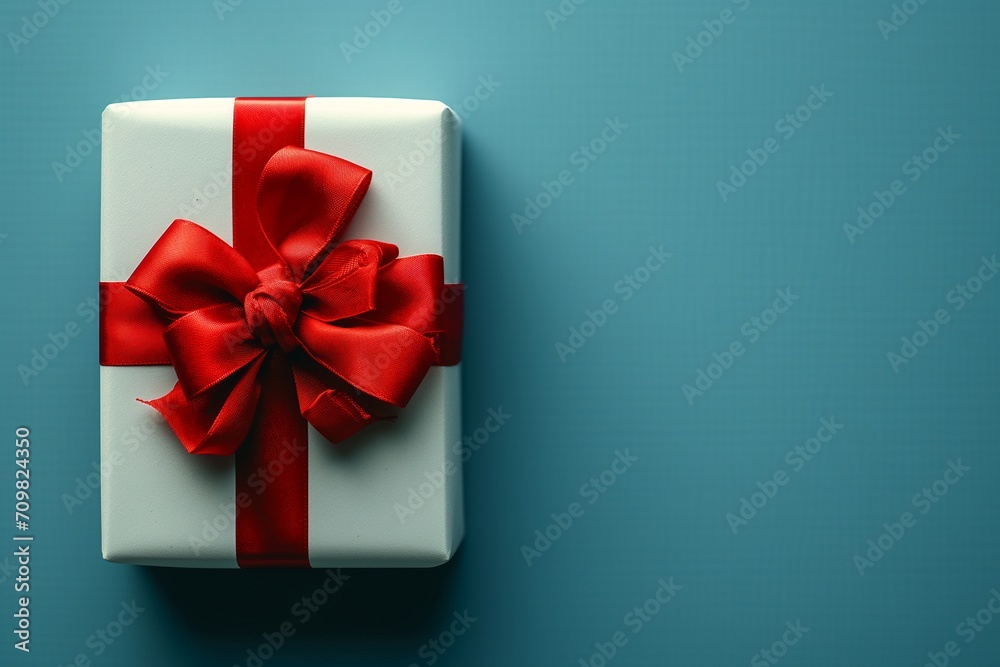 A gift for Valentine's Day. A white box is wrapped and tied with a red bow on a blue background A gift for Valentine's Day. A white box is wrapped and tied with a red bow on a blue background