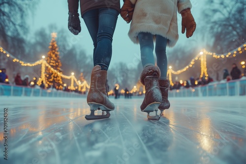 A beautiful couple skates on the ice skating rink holding hands in gloves, many fogniks, festive atmosphere