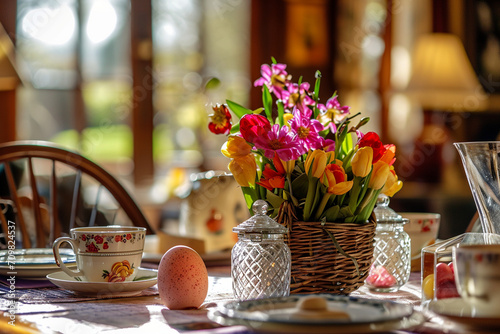 Cozy Easter celebration in a charming  rustic bed and breakfast. Quintessential springtime decorations and vibrant colors complement the inviting warmth of the lodging. Weekend getaway in idyllic coun