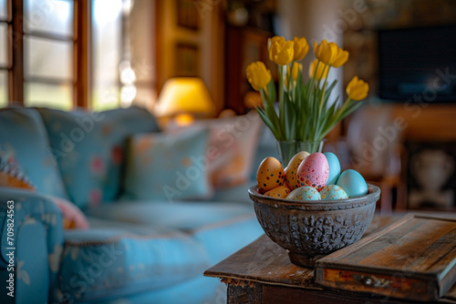 Cozy Easter celebration in a charming  rustic bed and breakfast. Quintessential springtime decorations and vibrant colors complement the inviting warmth of the lodging. Weekend getaway in idyllic coun