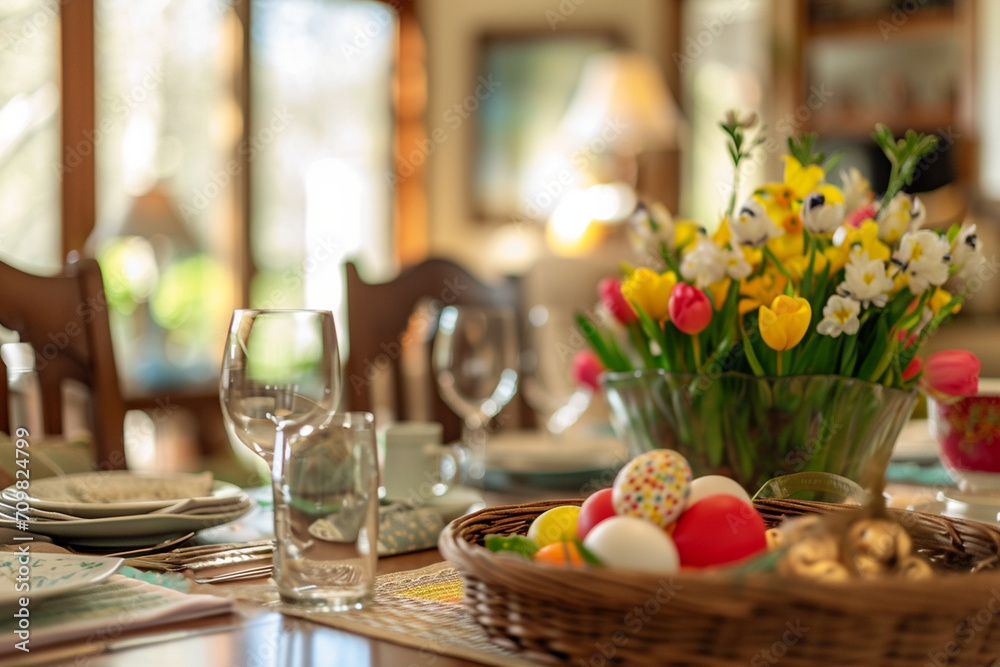 Cozy Easter celebration in a charming, rustic bed and breakfast. Quintessential springtime decorations and vibrant colors complement the inviting warmth of the lodging. Weekend getaway in idyllic coun