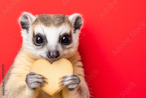 A meerkat with a heart on a red background. valentine's day. Congratulations.i © Nell