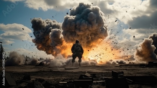 In the military training ground, a soldier is launching a projectile from a heavy artillery cannon, the explosion creating a cloud of smoke and debris, plane symmetry, painted, 