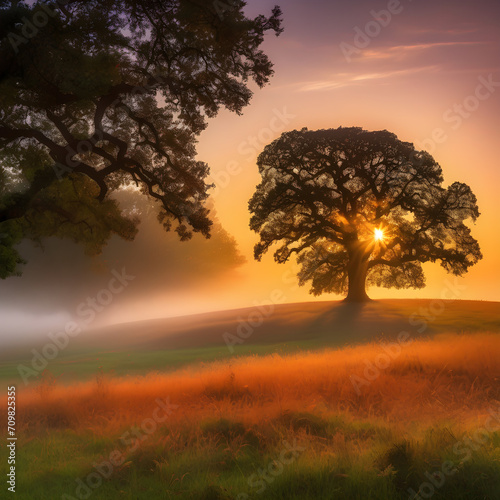 Golden Sunrise Through Majestic Oak Tree
