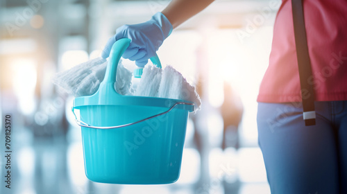 close up photography of a hand holding a light blue bucket for cleaning created with Generative Ai