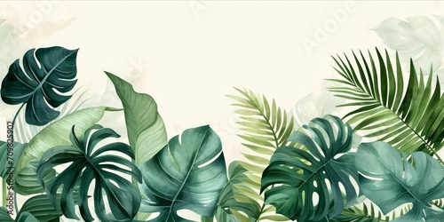 Artistic rendition of various tropical leaves in shades of green with a watercolor effect on a plain background. photo