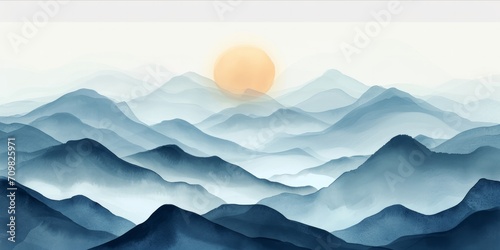 A serene watercolor painting of layered mountain ranges with a muted color palette and a bright  hazy sun.