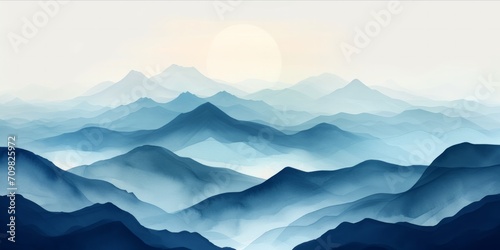 A serene watercolor painting of layered mountain ranges with a muted color palette and a bright, hazy sun.