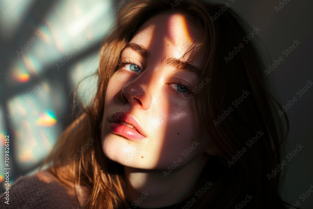Portrait of a young woman looking at the camera, a woman experiencing trauma, rainbow glare of light from the window on her face, caring about mental health and working with a psychoanalyst Portrait of a young woman looking at the camera, a woman experiencing trauma, rainbow glare of light from the window on her face, caring about mental health and working with a psychoanalyst
