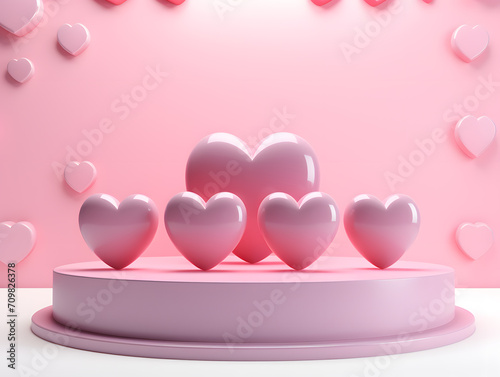 3d render of pink podium with heart shape. Valentine's day concept.