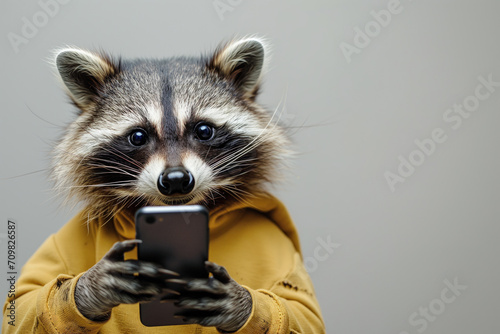 Lovely teen raccoon dressed in trendy distressed sweatshirt using smartphone photo