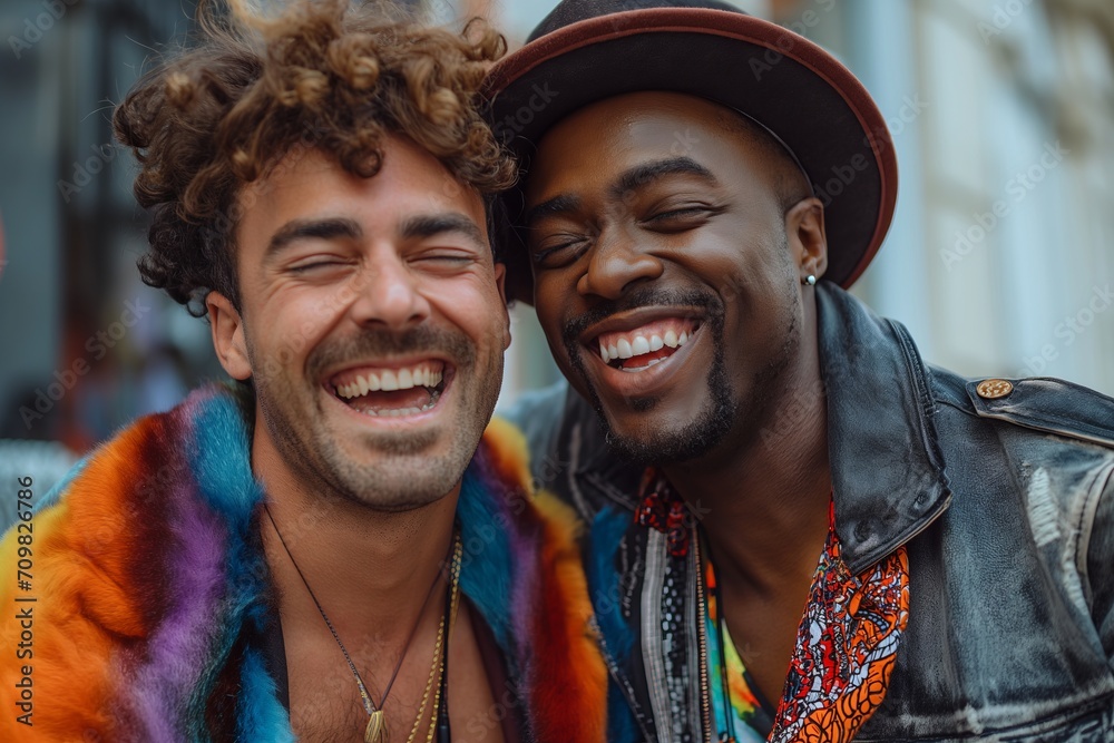 Gay couple, afro american and white man embrance laughing, giant smile in love