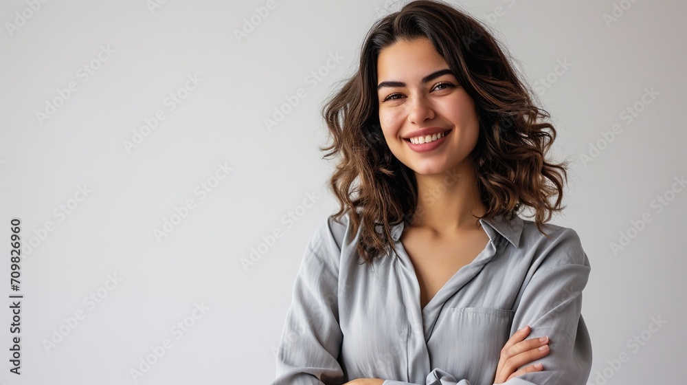 In a white studio background, a young, attractive Arab woman with crossed arms is dressed in a gray dress. Grinning and looking. In a white studio background, a young, attractive Arab woman with crossed arms is dressed in a gray dress. Grinning and looking.