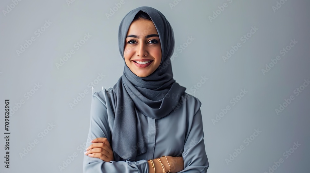 Arms crossed, a young, attractive Arab woman in a gray outfit stands against a white studio background. Gazing and grinning. Arms crossed, a young, attractive Arab woman in a gray outfit stands against a white studio background. Gazing and grinning.