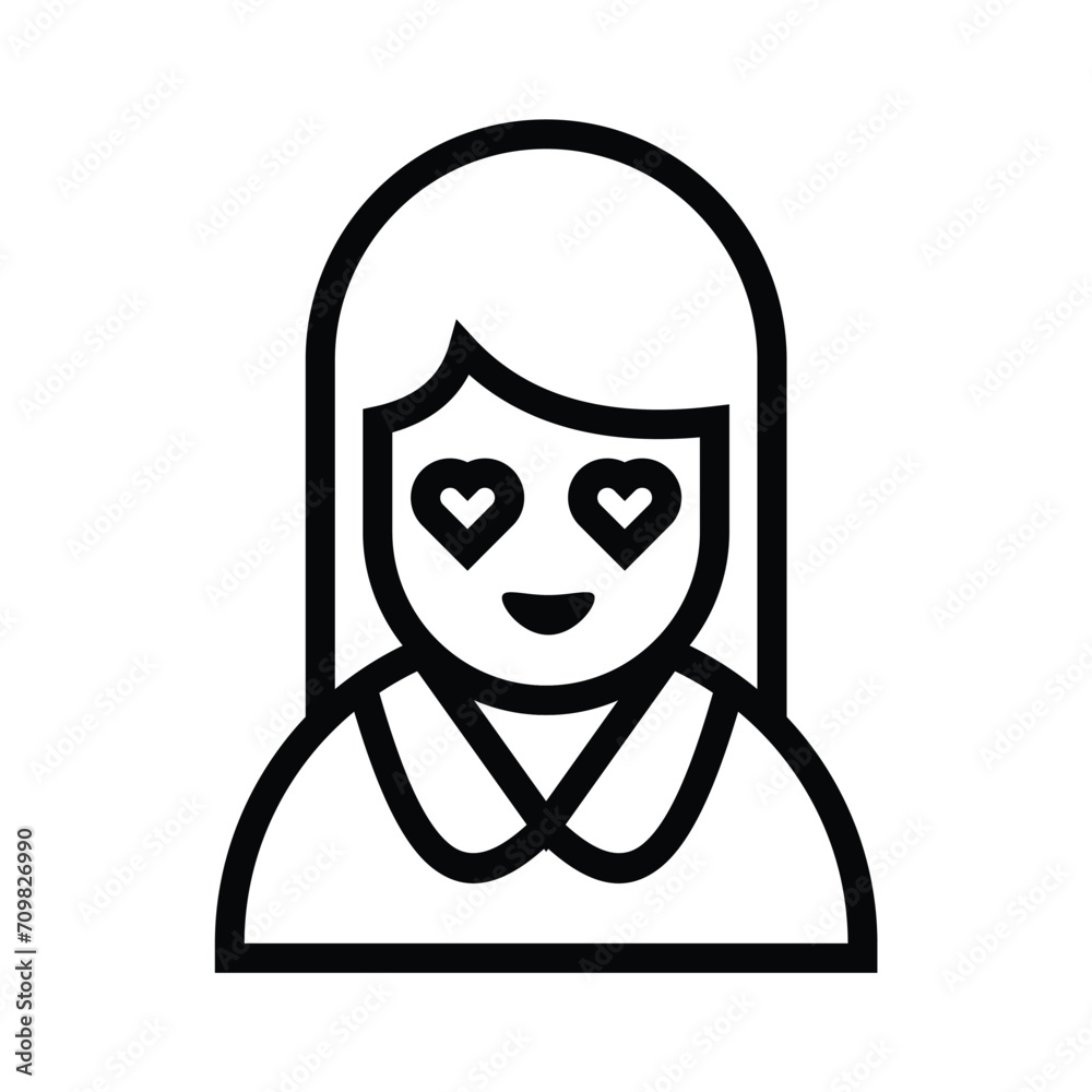Girl with heart on eye outline icons, minimalist vector illustration and transparent graphic element. Isolated on white background