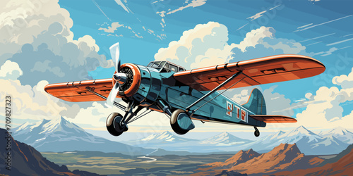 Fotografering vector illustration of the cumulonimbus clouds image with a biplane flying in th