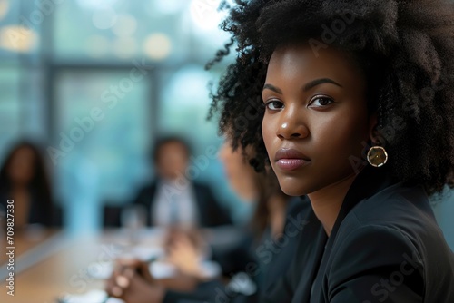 Boardroom Brilliance. Close-Up of a Confident Black Businesswoman Leading a Meeting with Poise and Professionalism.