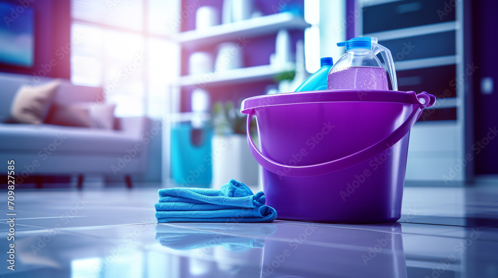 a woman in purple rubber glove carries cleaning buckets on background of living room created with Generative Ai a woman in purple rubber glove carries cleaning buckets on background of living room created with Generative Ai