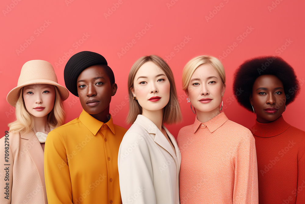 stylish modern Caucasian and African young girls standing together wearing fashionable outfits isolated in copy space background, equality advertisement concept, five girls with different skin colors