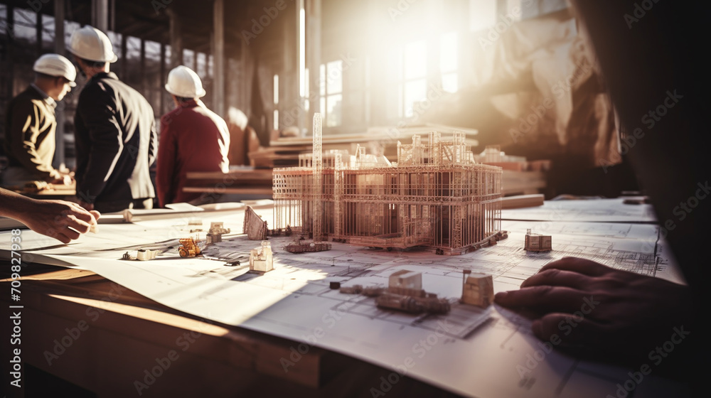 Construction and structure concept of Engineer or architect meeting for project working with partner and engineering tools on model building and blueprint in working site, contract for both companies. - obrazy, fototapety, plakaty 