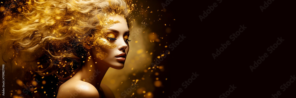 Woman with golden make-up in gold glittering dress on golden background. Banner with beautiful woman with flowing hair and copy space. Warm, luxury and elegance atmosphere