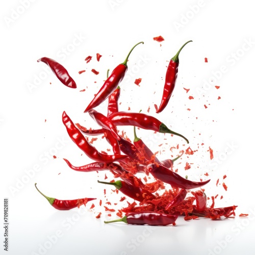 Falling bursting chili peppers on white background