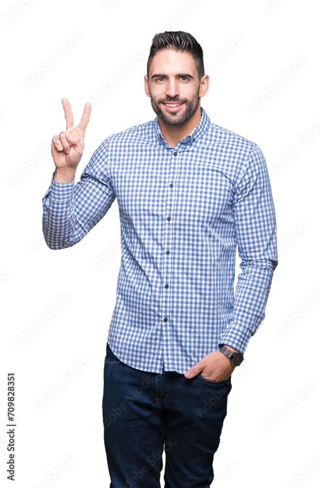 Young handsome man over isolated background showing and pointing up with fingers number two while smiling confident and happy. Young handsome man over isolated background showing and pointing up with fingers number two while smiling confident and happy.