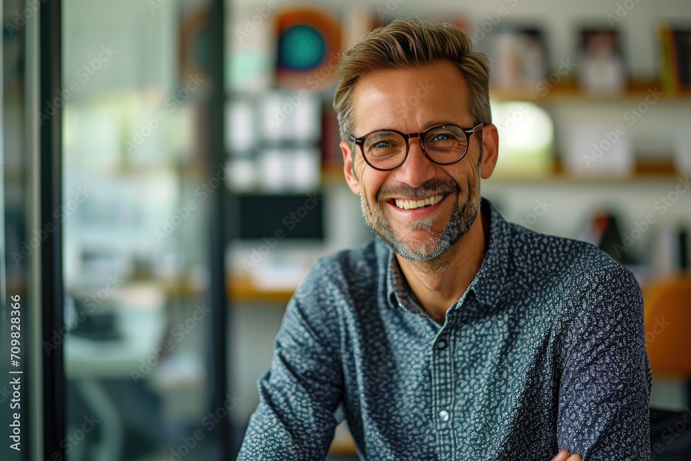 Male boss smiling with glasses in office Male boss smiling with glasses in office