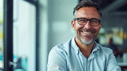 Male boss smiling with glasses in office photo
