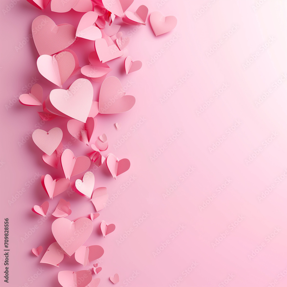 Fluttering paper pink hearts create a charming border on a soft pink background, providing a delightful Valentine's Day concept with ample copy space for creative designs
