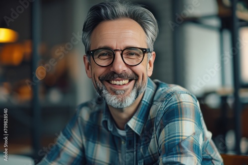 Smiling Man With Glasses at Table