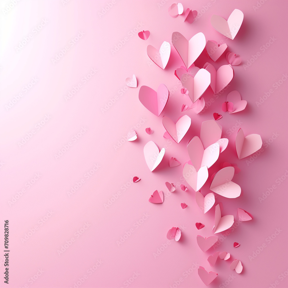 Fluttering paper pink hearts create a charming border on a soft pink background, providing a delightful Valentine's Day concept with ample copy space for creative designs