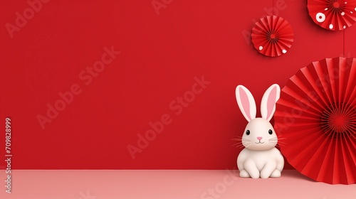 Traditional Lunar New Year Banner with Happy Rabbit Decorations on Red Background for Festive Promotions and Text Placement.