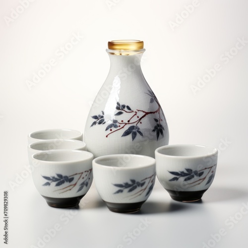 Sake set and cups on white background