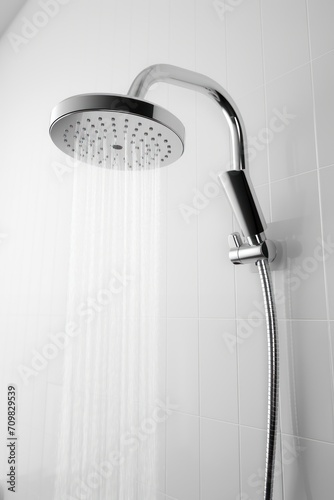 Shower in bathroom with water flowing on white background
