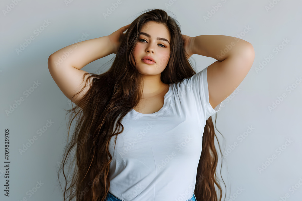 Beautiful plus size model posing in white t-shirt and blue jeans isolated on light grey background Beautiful plus size model posing in white t-shirt and blue jeans isolated on light grey background