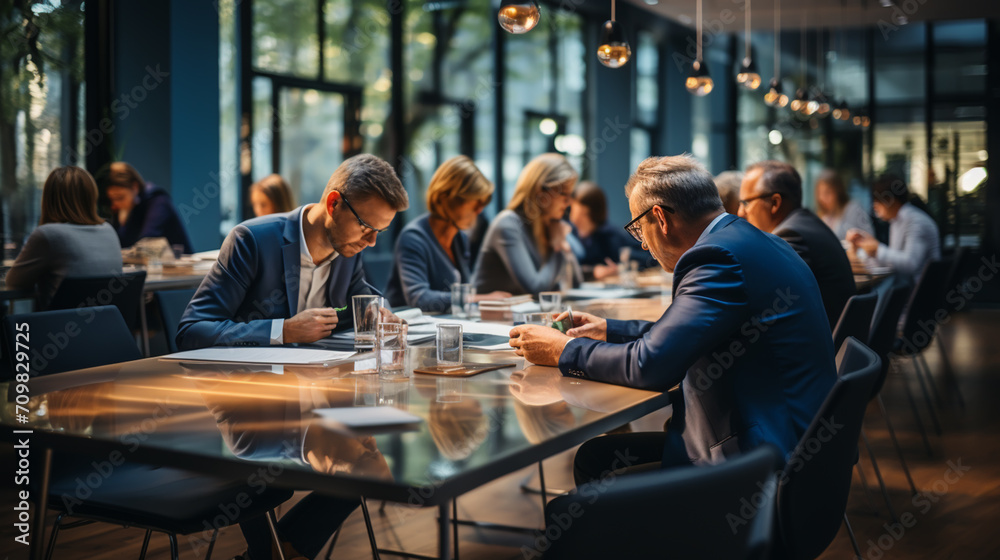 Office colleagues having casual discussion during meeting in conference room. Group of men and women sitting in conference room and smiling. Office colleagues having casual discussion during meeting in conference room. Group of men and women sitting in conference room and smiling.