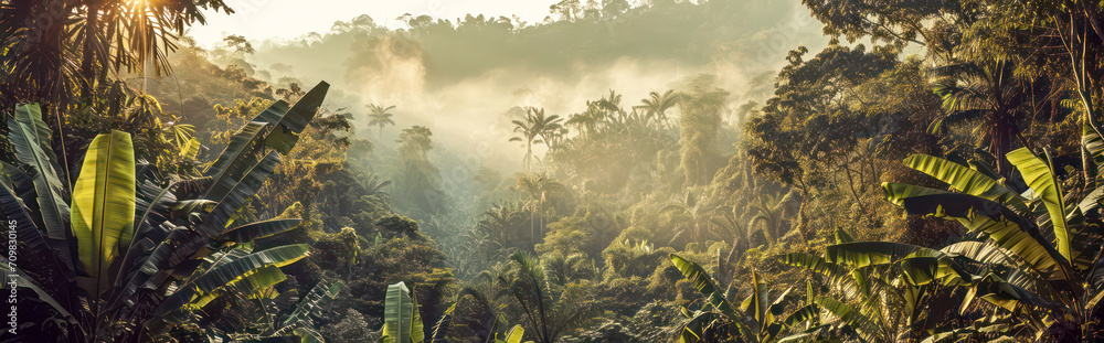 Rainforest panorama in warm sunlight