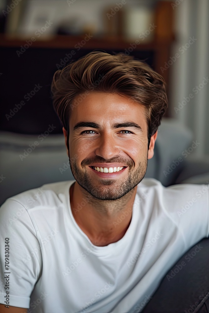 Fototapeta premium Smiling Man Sitting on White Couch