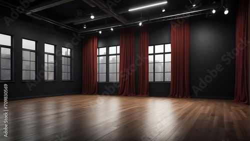 Empty gallery studio with plain black colored wall and red curtain drapes from Generative AI
