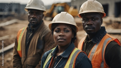 Portrait of black african immigrants working on a construction site background from Generative AI