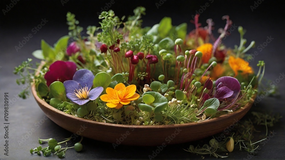 Explore the world of garnishes. Focus on the intricate details of herbs, microgreens, or edible flowers that add a touch of freshness and visual appeal. - Generative AI
