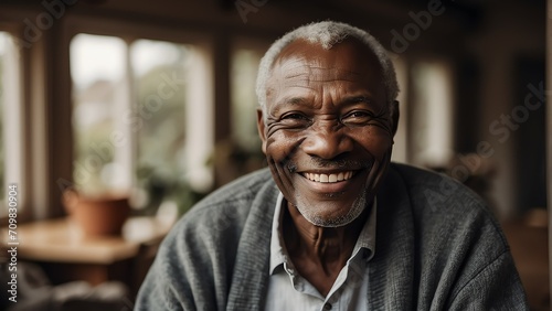 Portrait of a smiling black african elderly man on a cozy home background from Generative AI