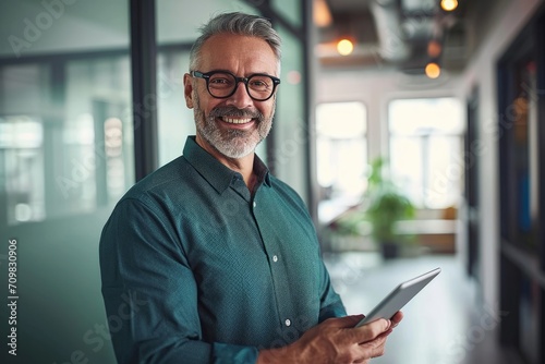 Older smiling business man holding tablet standing in office. Middle aged happy businessman manager investor using tab computer, mature male executive, Generative AI