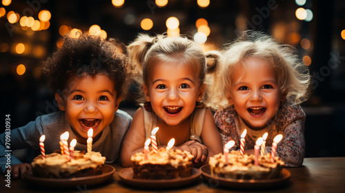 Kids looking at birthday cake with candles  having b-day party