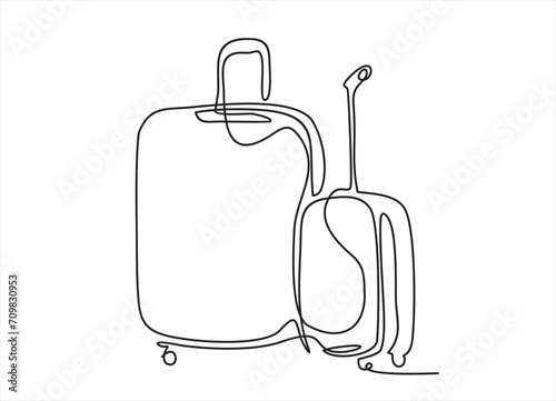 Travel suitcase in continuous line drawing style. Luggage valise with wheels and retractable handle black line sketch on white background. Vector illustration.