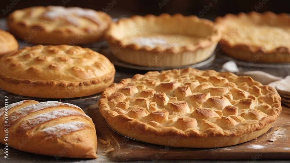 Explore the world of crusts in baked goods. From flaky pie crusts to perfectly risen bread, focus on the golden-brown perfection of crusty delights. - Generative AI