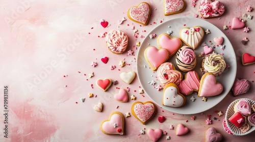 Heart-shaped cookies and treats  valentine theme  copy space.
